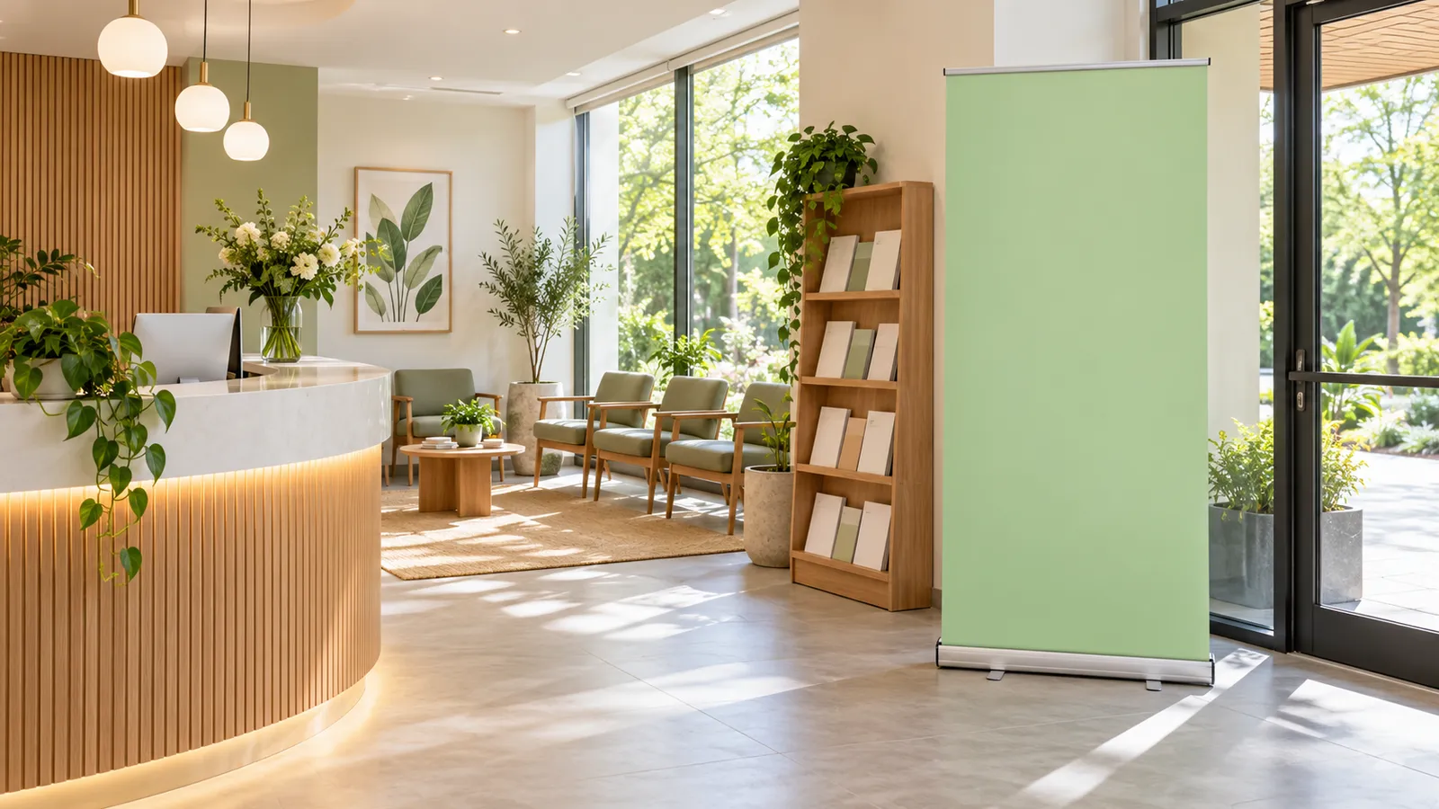 Recepția unui cabinet de nutriție cu un roll-up verde lângă ușă și un raft cu broșuri