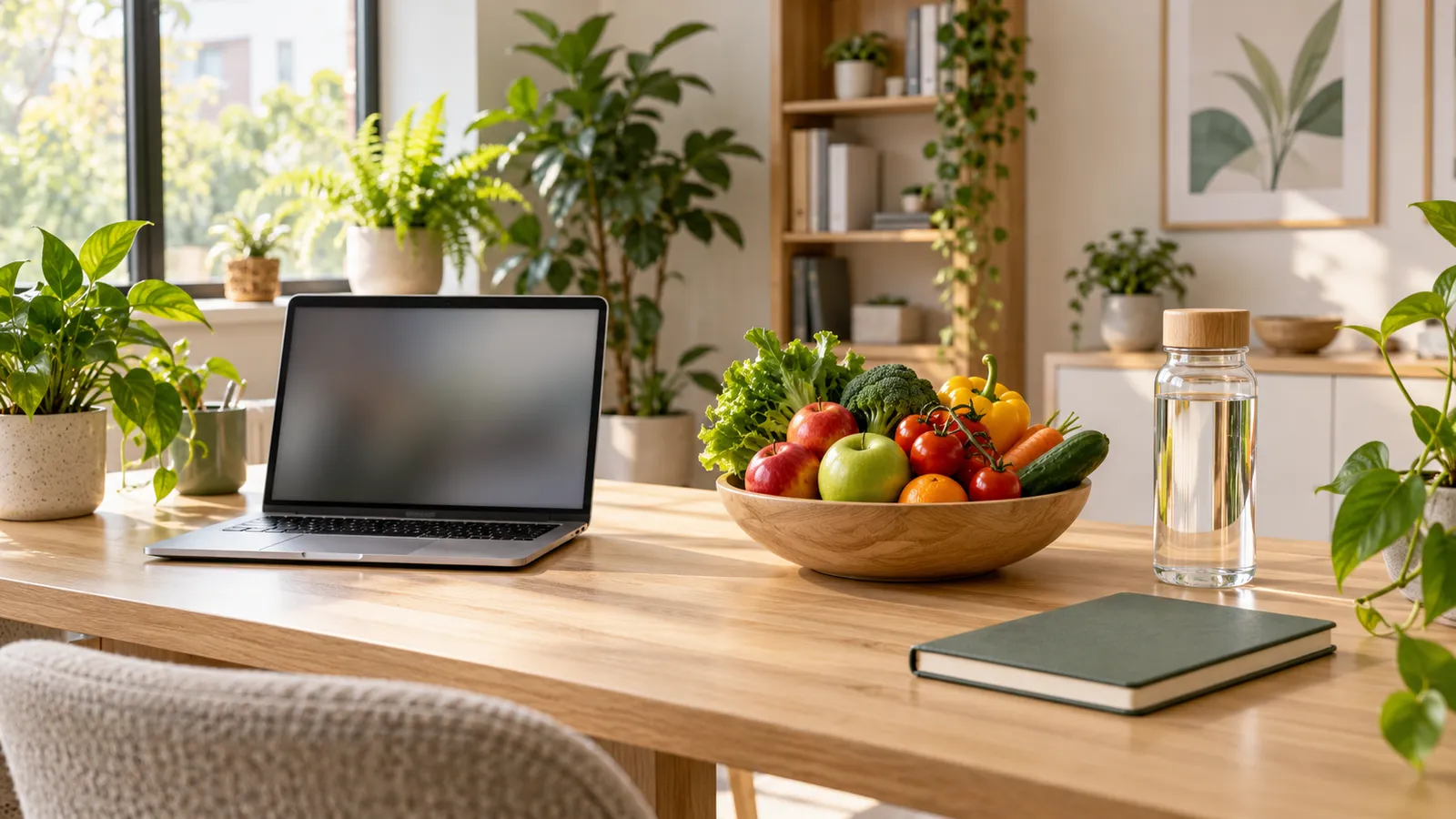 Birou de cabinet de nutriție cu laptop, fructe și legume proaspete și un carnet